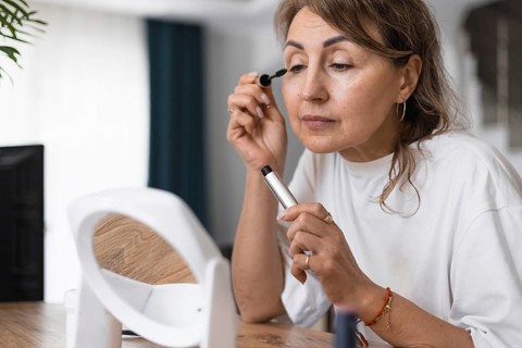 Mid aged woman prepares for her day by applying mascara while sitting at a wooden table in a