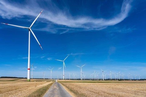 Wind farm near Marsberg-Meerhof, many different wind turbines, North Rhine-Westphalia, Germany