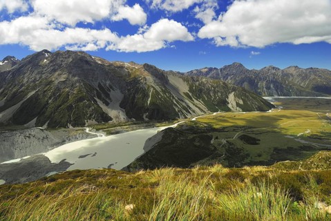 Mueller Lake and Hooker River, Hooker Valley, Mt. Cook National Park, Southern Alps, World Heritage