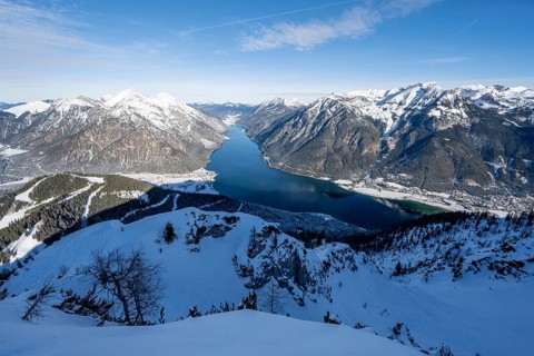 Scenic view of Lake Achensee and winter mountain scenery, Bärenkopf, Achensee, Tyrol, Austria