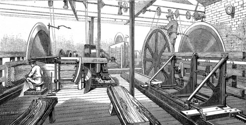 Mechanical saw mill from 1860, sawmill with large circular saws, authentic, high-resolution