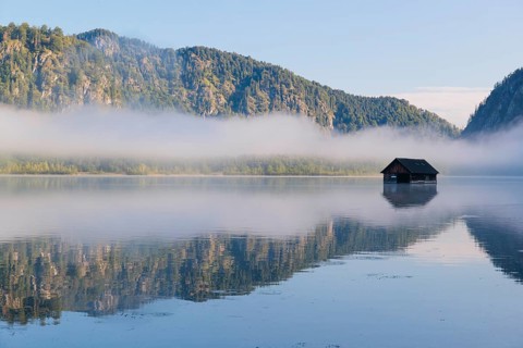 On an early autumn morning, a thin bank of fog hangs over the Almsee lake. Austria