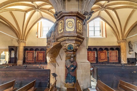 Pulpit in the interior of the Black Church in Brasov or Kronstadt, Transylvania, Romania