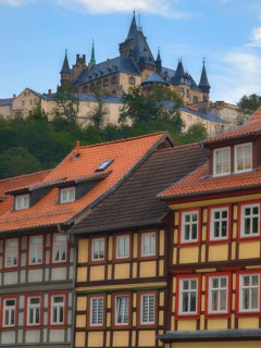 Castle over half-timbered houses Wernigerode Harz Germany