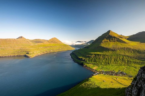 Panoramic view from Hvíthamar viewpoint on Funningsfjørður near Funningur on Eysturoy island, fjord