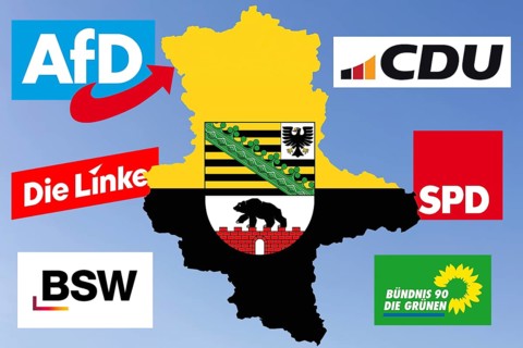 (photo montage) Graphic with the outline and coat of arms of Saxony-Anhalt, surrounded by the logos