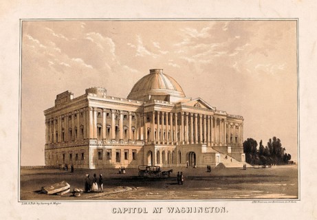 United States Capitol in Washington, D.C, in front of the construction of the large, present-day