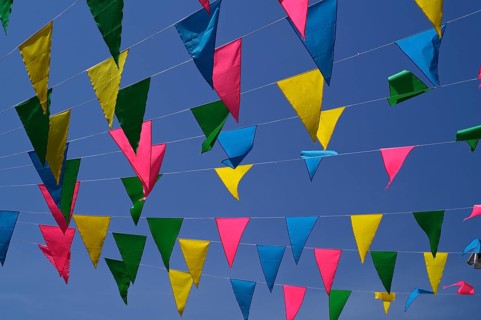 Colorful pennants, flags, sky, blue, Falmouth, Cornwall, England, Great Britain, Great Britain