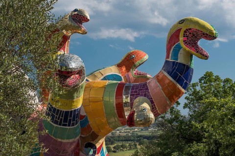 Colourful Hydra figure, Giardino dei Tarocchi or Garden of Tarot, by Niki de Saint Phalle and Jean
