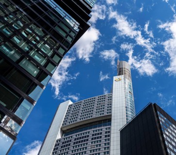 Frog's eye view, office complexes and high-rise buildings in the financial district of Frankfurt am