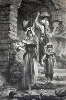 Young Italian woman from Cervaro balancing a heavy vessel on her head. The original painting by