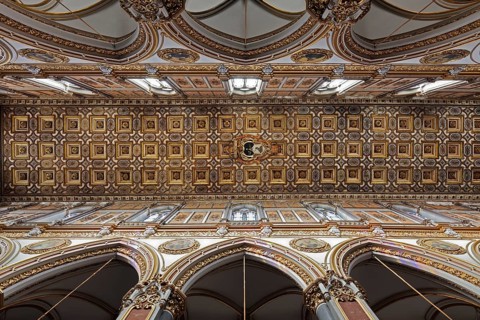 San Domenico Maggiore church, interior with baroque coffered ceiling, historic old town, Naples,