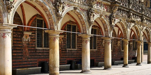 Arcade arches at Bremen City Hall, important brick Gothic and Weser Renaissance building, UNESCO