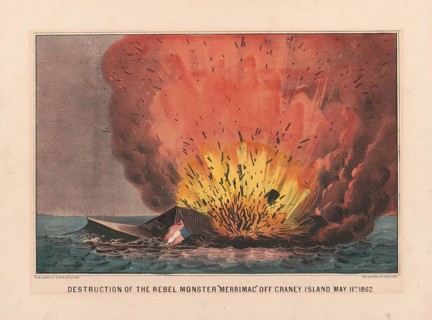 The scuttling and self-sinking of the Confederate ironclad frigate CSS Virginia. The destruction