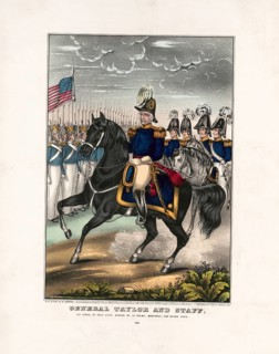 General Zachary Taylor in the foreground on the white horse and his officer staff on horseback. The