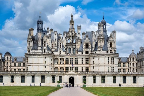 Southeast view, detailed view of the monumental Renaissance Château de Chambord castle with its