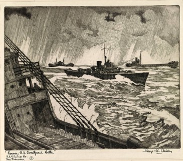 A US coast guard boat convoy on stormy, rainy seas, seen from the deck perspective of another ship,