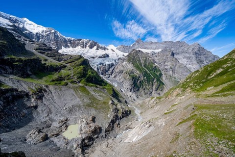 Mountain panorama, picturesque high alpine mountain landscape with Grindelwald-Fiescherfirn