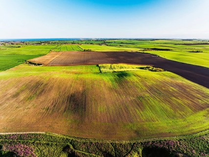 Farm and Fields over Bempton Cliffs from a drone, Yorkshire, England, United Kingdom