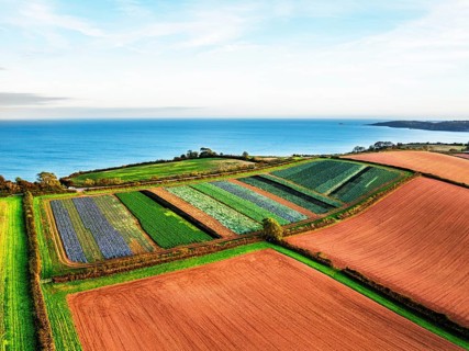 Colours of autumn Fields and Farms over Sheldon from a drone, Torbay, Devon, England, United