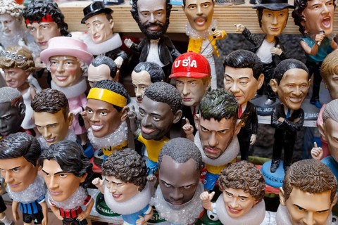Figurines for sale, soccer player, politician, celebrity, Maradonna, Queen, Diana, Trump, Xi, Via