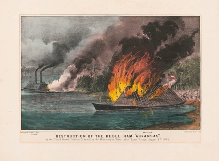 Lithograph depicting the burning Confederate armored ship CSS Arkansas on August 4, 1862 on the