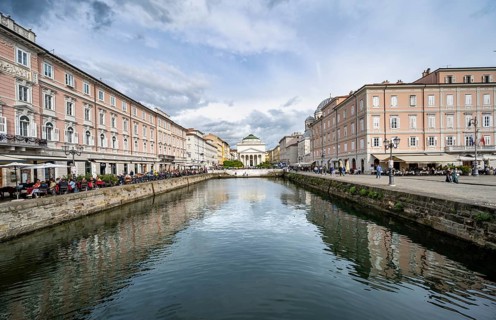 Grand Canal with reflection, Sant'Antonio Taumaturgo church in the back, Borgo Teresiano, Trieste,