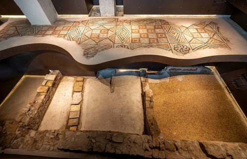 Floor mosaics with geometric patterns, mosaic floors from different periods one above the other,