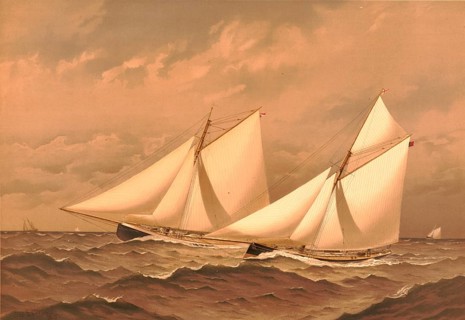 Picture shows a historical color lithograph of the American yacht racing success by Frédéric