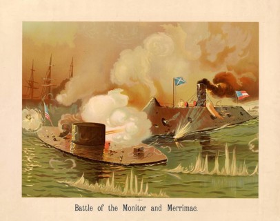 A lithograph of the Battle of Hampton Roads, the engagement between the USS screen and the CSS