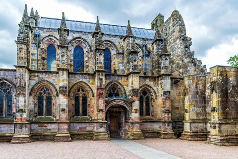 The ornate carved facade of 15th-century Gothic Rosslyn Chapel used as a film set for The Da Vinci