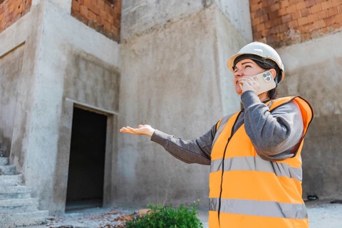 Woman in a hard hat and safety vest talks on her phone at a construction site. The background