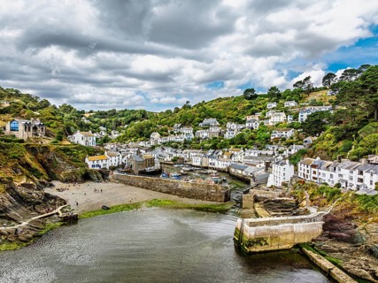 Polperro Harbour and Village from a drone, Polperro, Looe, Cornwall, England, United Kingdom