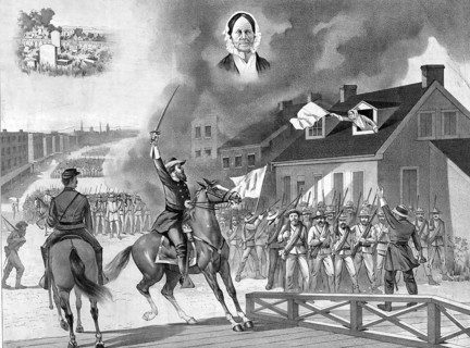 A historical print by Currier & Ives depicting the legendary episode involving Barbara Frietchie