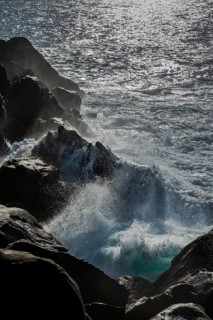Thundering surf from the Atlantic Ocean on the rocky coast in San Sebastian, Basque Country, Spain