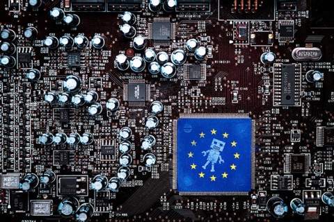 Computer board with EU flag and robot symbol, EU AI Act symbol photo, photo montage +++ editorial