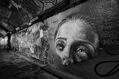 Portrait of a woman, legal, temporary graffiti in the graffiti tunnel, Leake Street Arches, black
