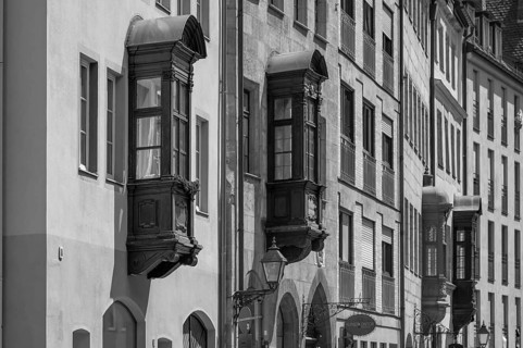 Historical choirs at residential buildings in the old town, black and white, Füll, Nuremberg,