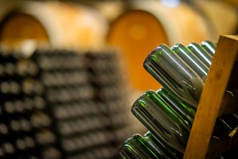 Bottle fermentation in the wine cellar of Weingut Schloss Wackerbarth, Radebeul, Saxony, Germany