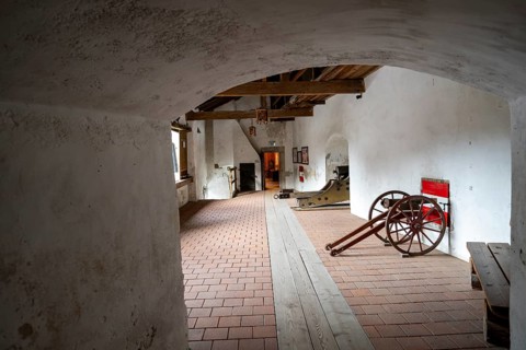 Wehrgang with various historic guns, Hohenwerfen Fortress, Werfen, Pongau, Salzburg state, Austria
