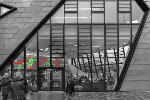 View of the canteen from the modern university building by American architect Daniel Liebeskind,