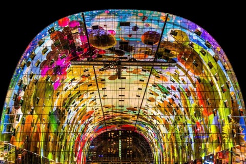 Markthal from 2014, offers over 100 food stalls and delicatessens with spectacular ceiling fresco