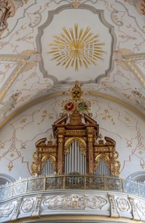 Two-storey organ gallery with historic organ, Müllner Kirche, City of Salzburg, Salzburger Land,
