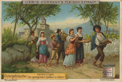 Picture series Easter customs, a group of people in traditional Italian clothing returning from the