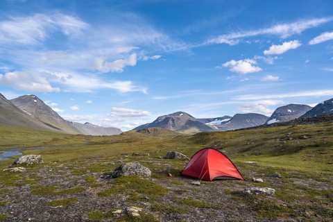 Tent in Ruohtesvagge Valley, Sarek National Park, Laponia World Heritage Site, Norrbotten, Lapland,
