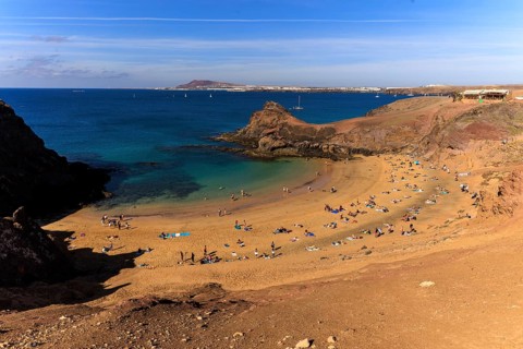 Lanzarote, Canary Islands, Spain, Europe, Playas de las Papagayo, sunny beach with bathers and