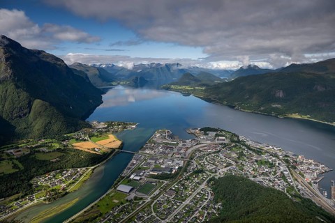 View from Romsdalsstigen of Åndalsnes or Andalsnes and surrounding mountainous landscape around