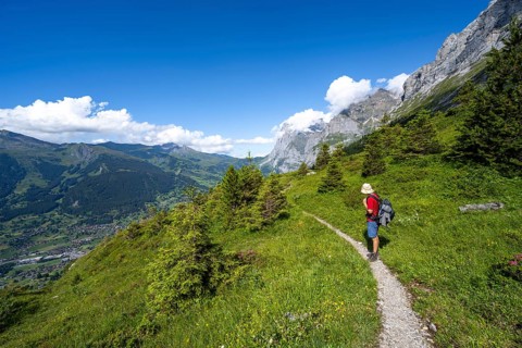 Hikers on the Eigertrail hiking trail, view of mountain peaks, Grindelwald, Bernese Oberland,