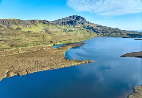 Aerial view of the rocky landscape at Loch Lethan and the Old man of Storr on the Isle of Skye,