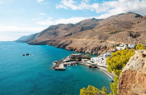 View of Chóra Sfakion on the Libyan Sea, with the Leka Ori or White Mountains in the back, Sfakia